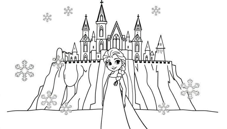 Placa de color de Elsa con su castillo de hielo y copos de nieve.