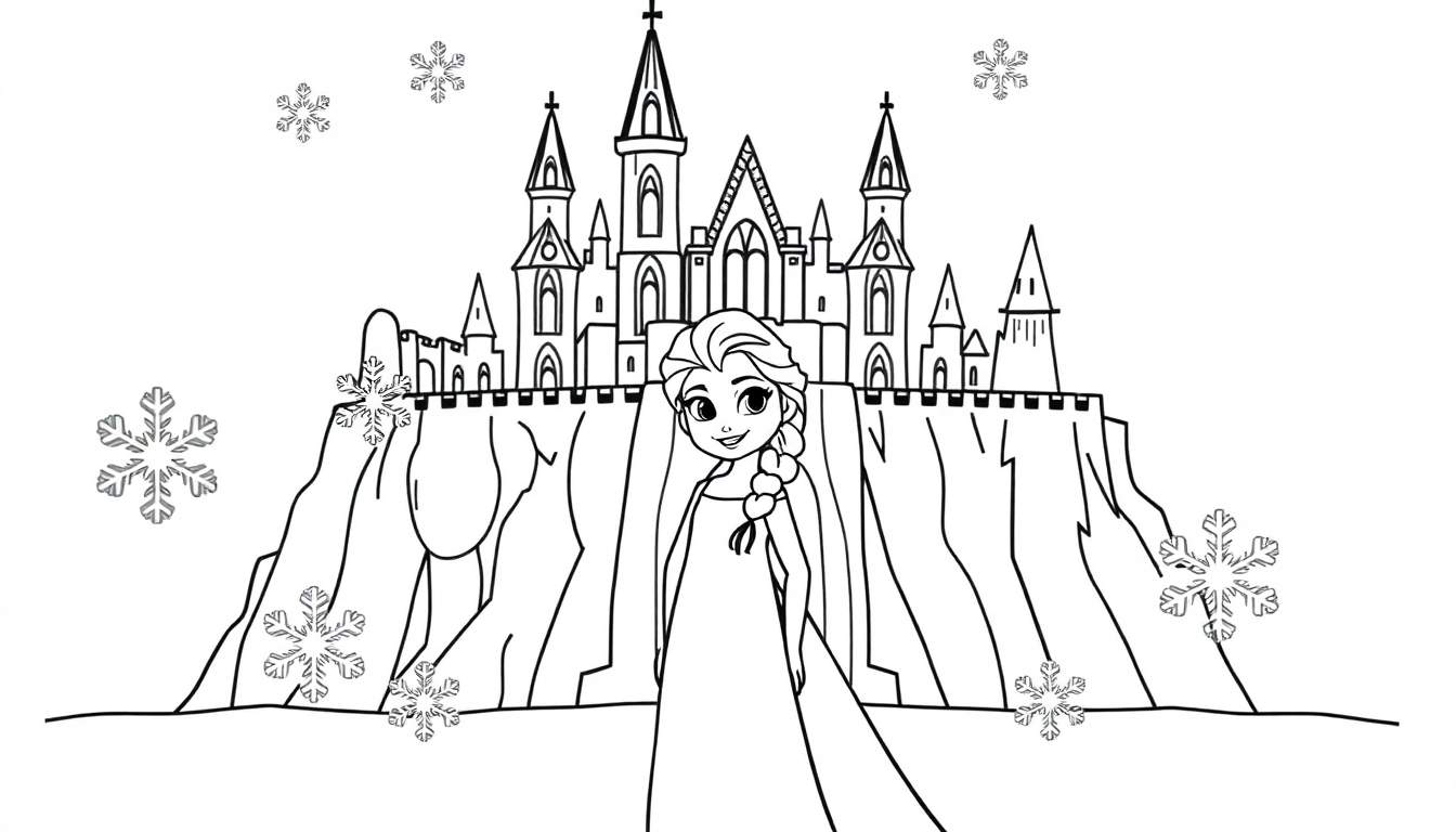 Placa de color de Elsa con su castillo de hielo y copos de nieve.