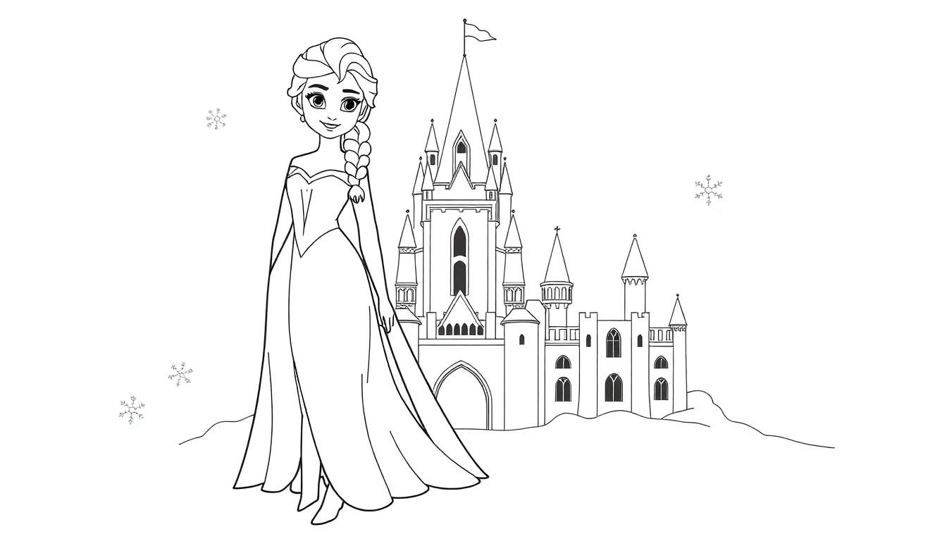 Placa de color de la Reina de Hielo Elsa junto a su castillo de nieve, lista para colorear.