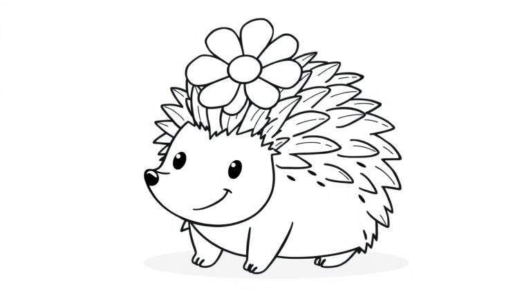 Placa de color de un erizo sonriente con una flor en la cabeza, listo para ser coloreado.