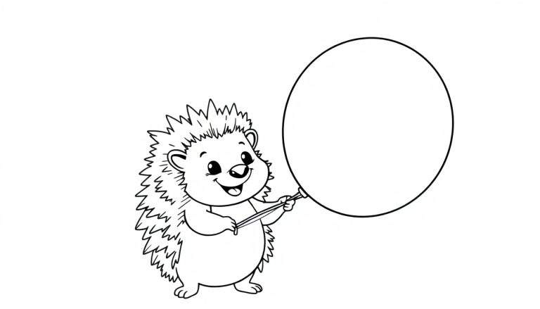 Una placa de color de un erizo sonriente con un globo.