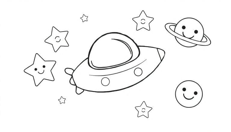 Placa de color de nave espacial amigable con estrellas sonrientes y un planeta con anillo.