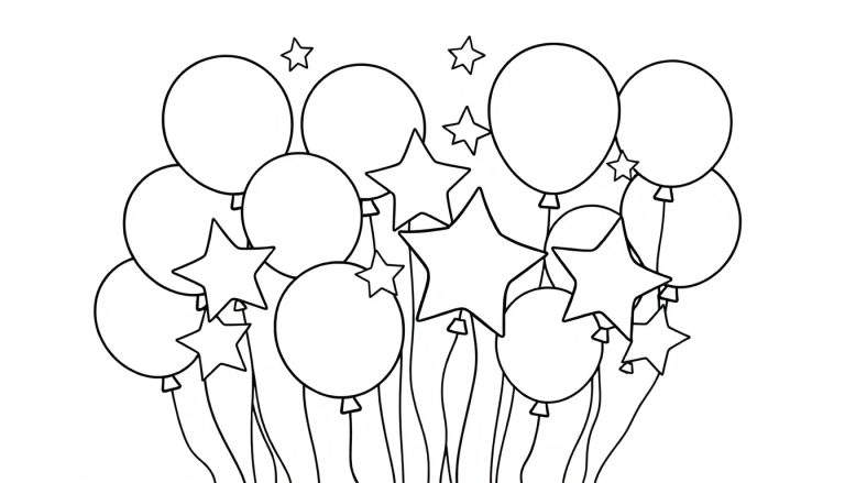 Placa de color con guirnaldas de globos y estrellas para colorear.