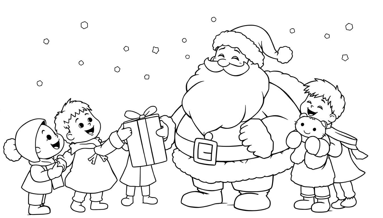 Placa de color de Papá Noel sonriente recibiendo un regalo de un niño, con otros niños a su lado y copos de nieve cayendo.