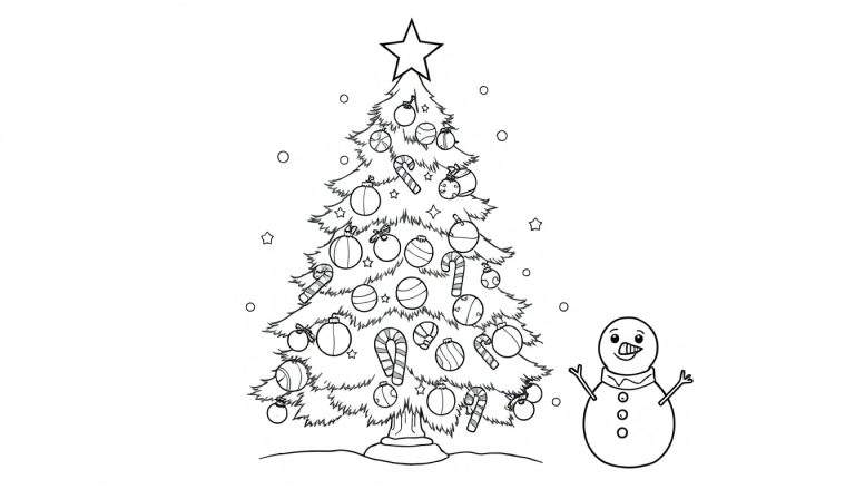 Placa de color de un árbol de Navidad decorado con un muñeco de nieve sonriente.