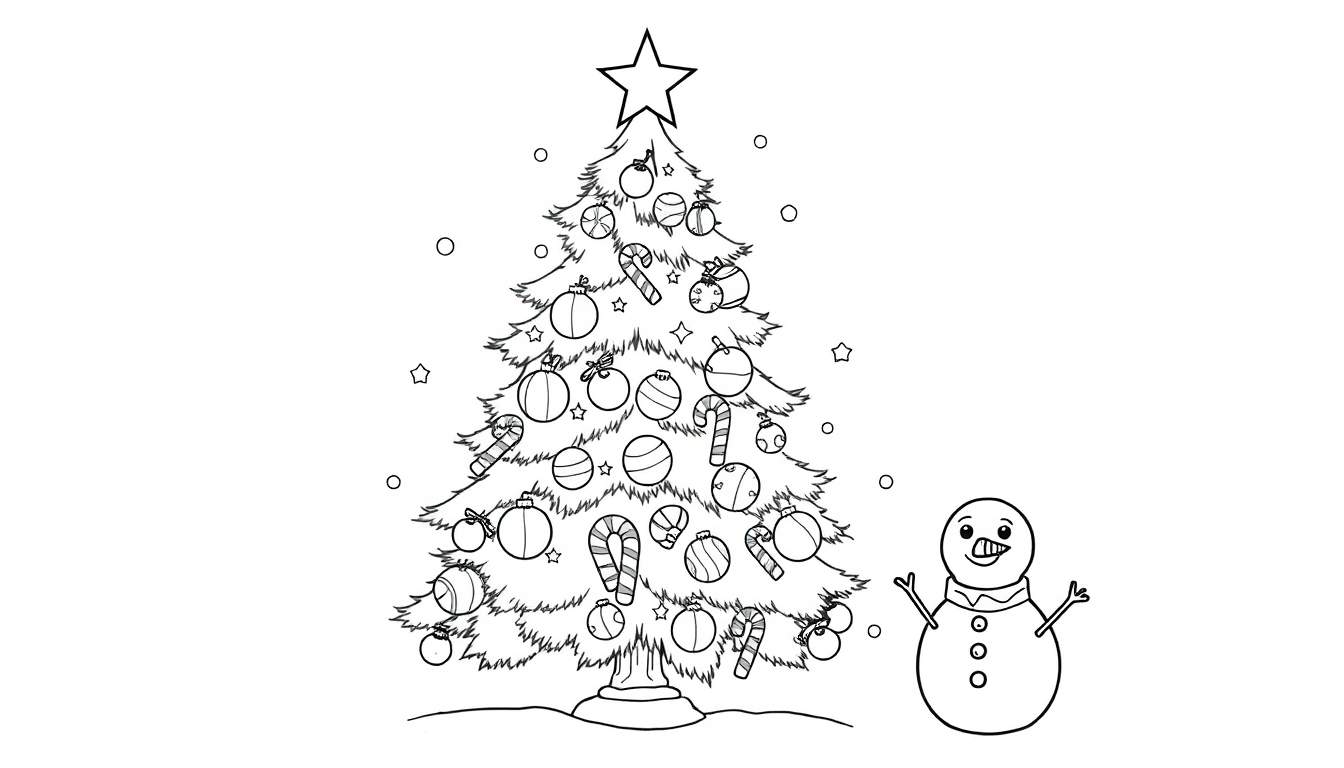 Placa de color de un árbol de Navidad decorado con un muñeco de nieve sonriente.