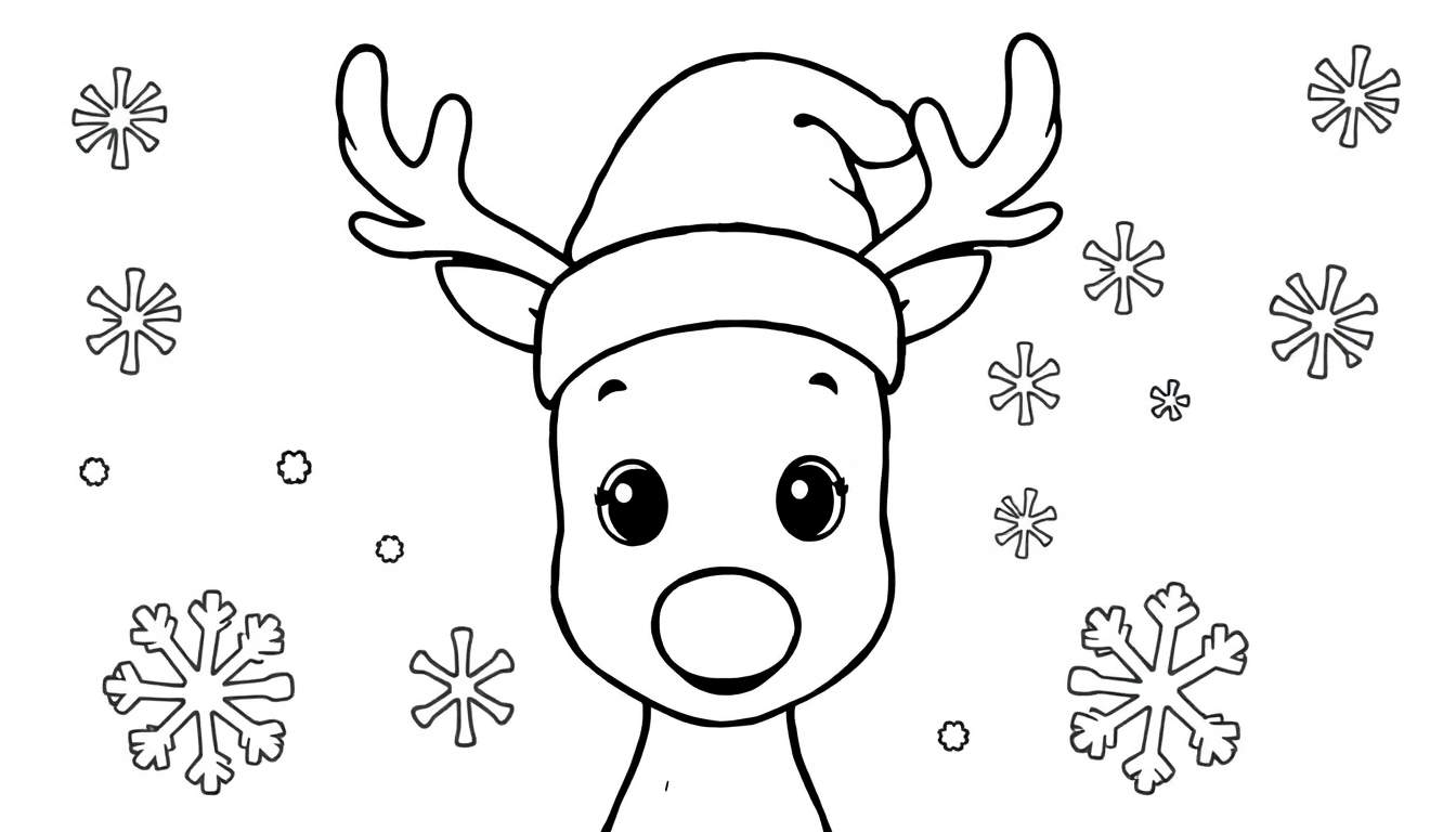 Placa de color de un reno navideño sonriente con un gorro de Papá Noel, rodeado de copos de nieve.