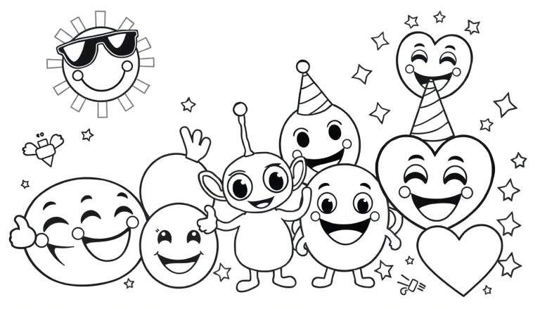 Una placa para colorear con un sol sonriente, un helado con alas y varios emoticonos felices.