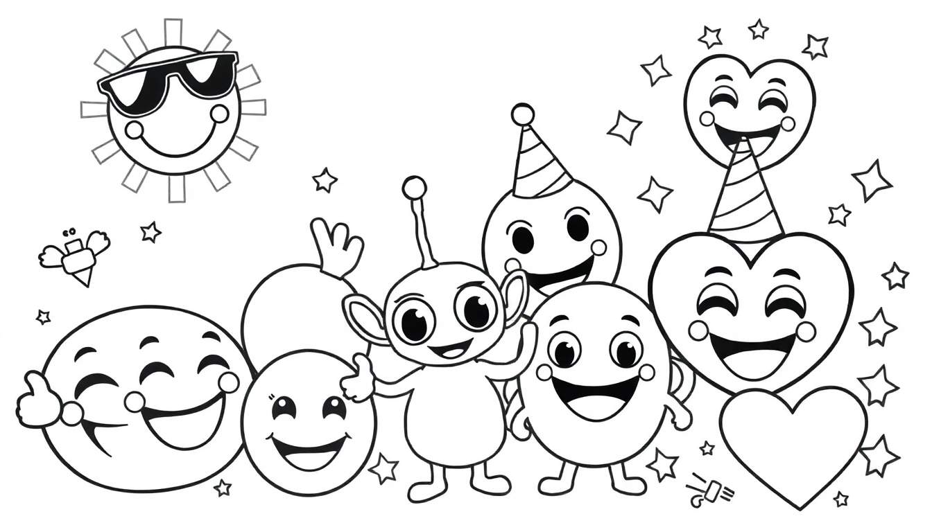Una placa para colorear con un sol sonriente, un helado con alas y varios emoticonos felices.