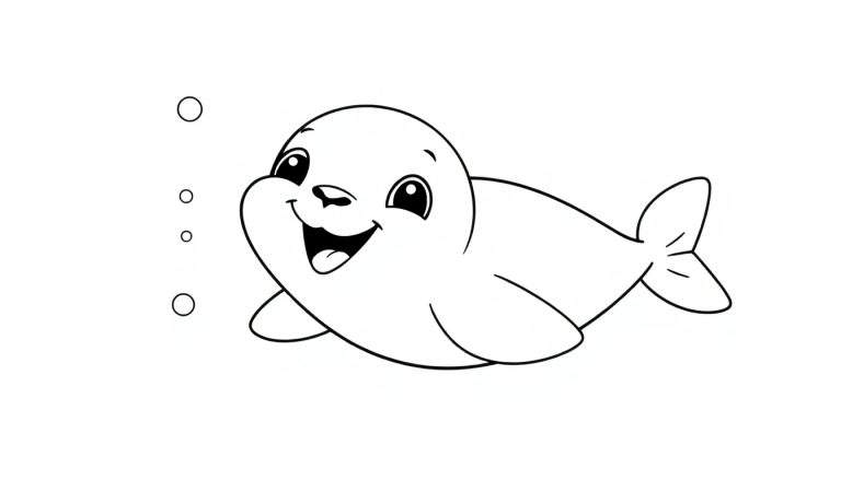 Placa de color de una foca bebé sonriendo nadando en el océano.