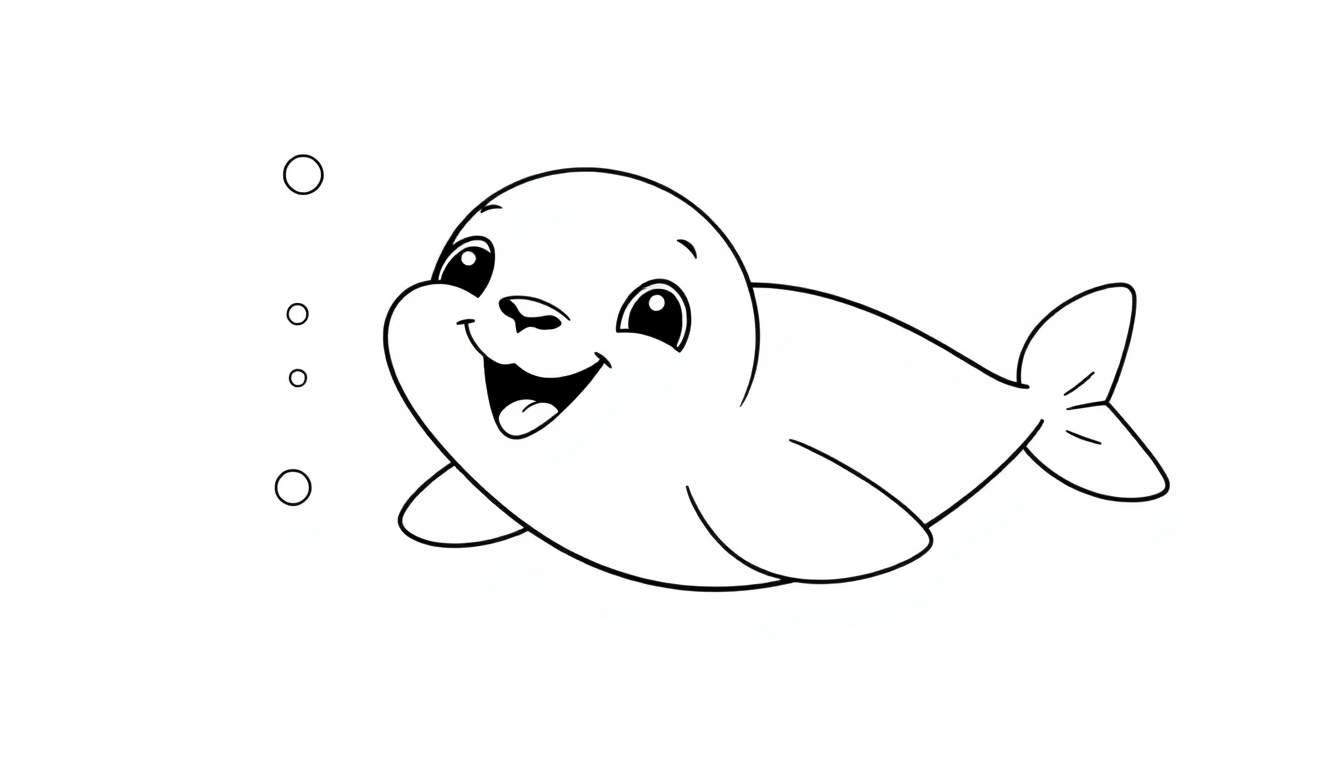Placa de color de una foca bebé sonriendo nadando en el océano.