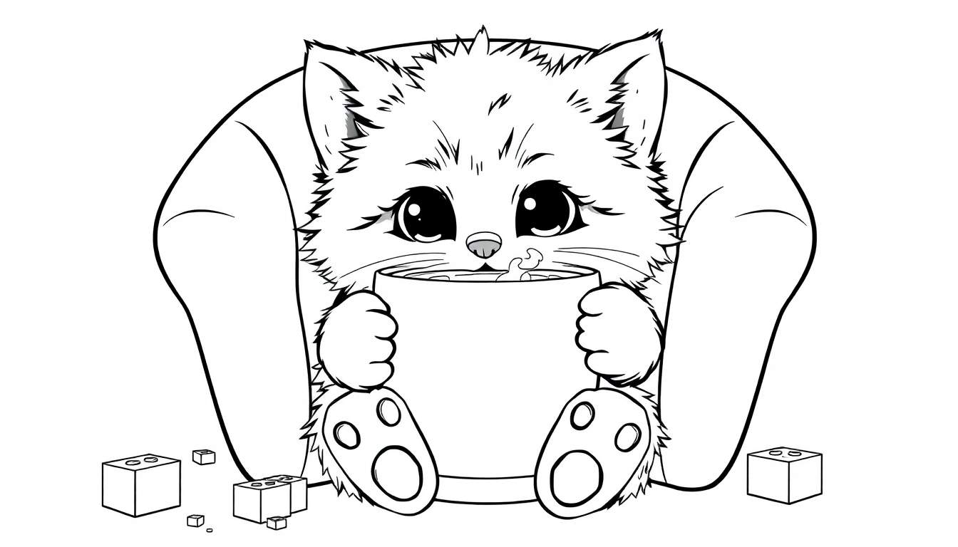 Placa de color de un gatito tierno sentado en un sillón con una taza humeante y bloques dispersos.