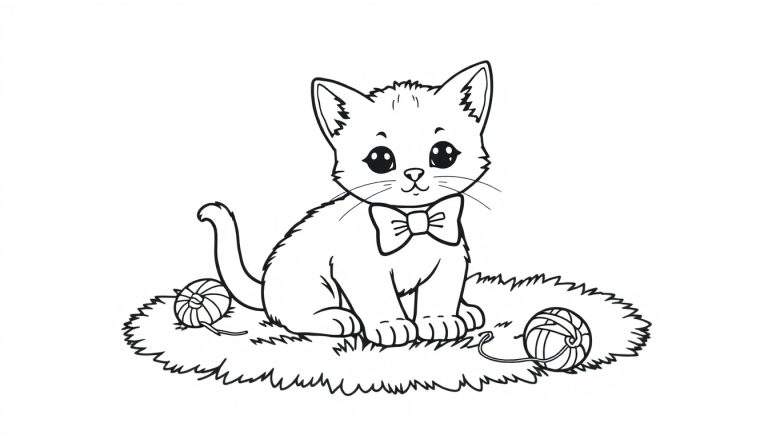Placa de color: Gatito lindo sentado sobre hierba con ovillos de lana.