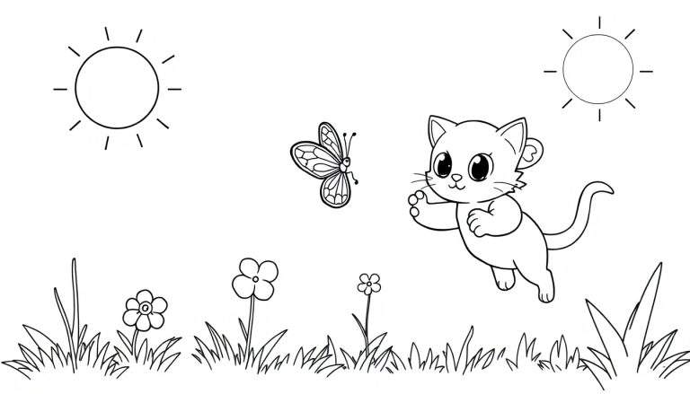 Placa de color de un gatito juguetón persiguiendo una mariposa bajo un sol brillante.