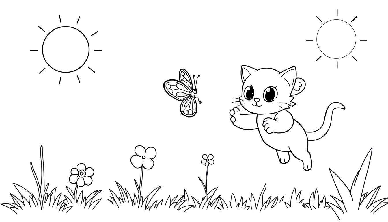 Placa de color de un gatito juguetón persiguiendo una mariposa bajo un sol brillante.