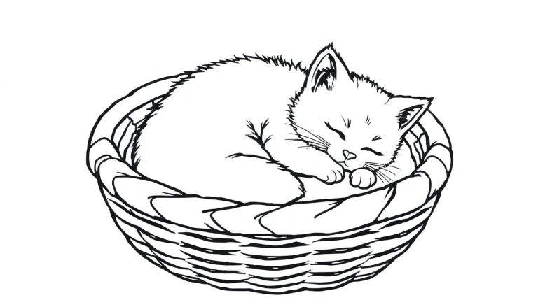 Placa de color de un gatito durmiendo en una cesta.