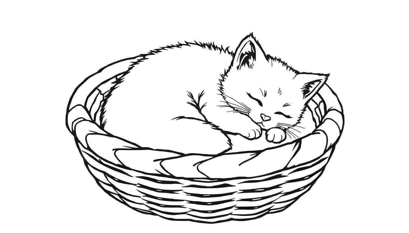 Placa de color de un gatito durmiendo en una cesta.