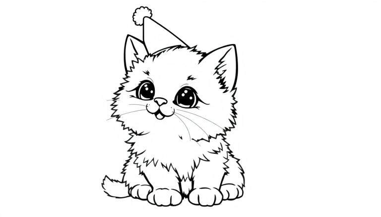 Placa de color de un gatito con gorro de fiesta.