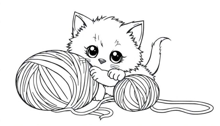 Placa de color de un gatito jugando con ovillos de lana.