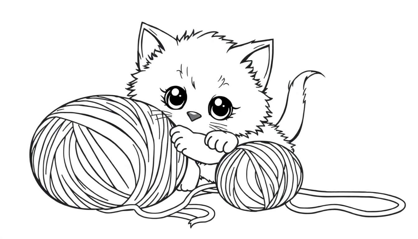 Placa de color de un gatito jugando con ovillos de lana.