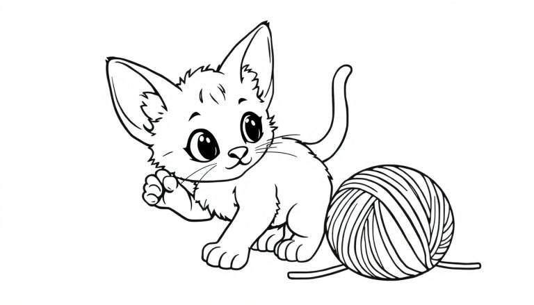 Una placa de color para colorear de un gatito jugando con lana.