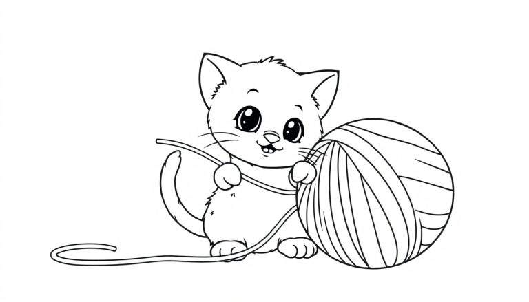 Placa de color de un gatito tierno jugando con lana.