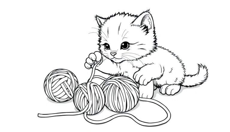 Placa de color de un gatito tierno jugando con ovillos de lana.