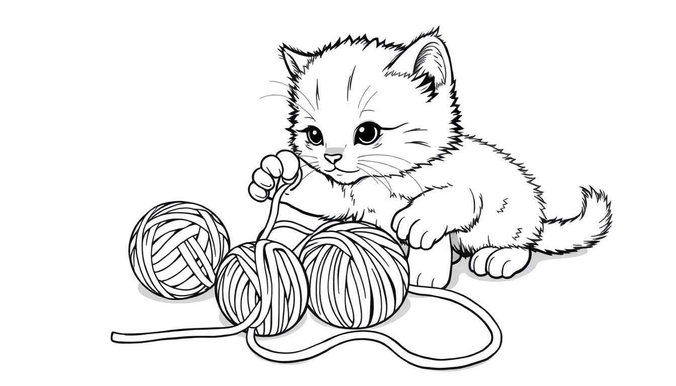 Placa de color de un gatito tierno jugando con ovillos de lana.