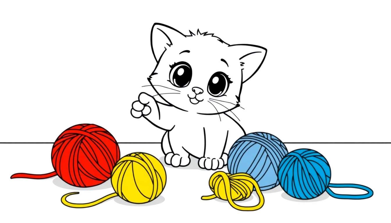 Placa de color de un lindo gatito jugando con ovillos de lana.