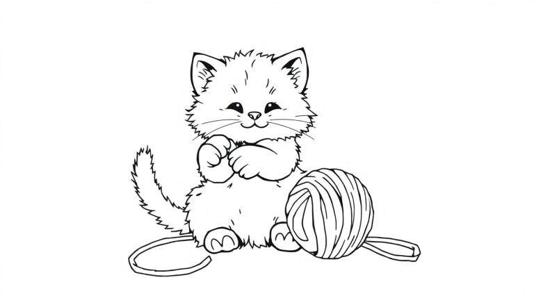 Placa de color de un gatito adorable jugando con un ovillo de lana.