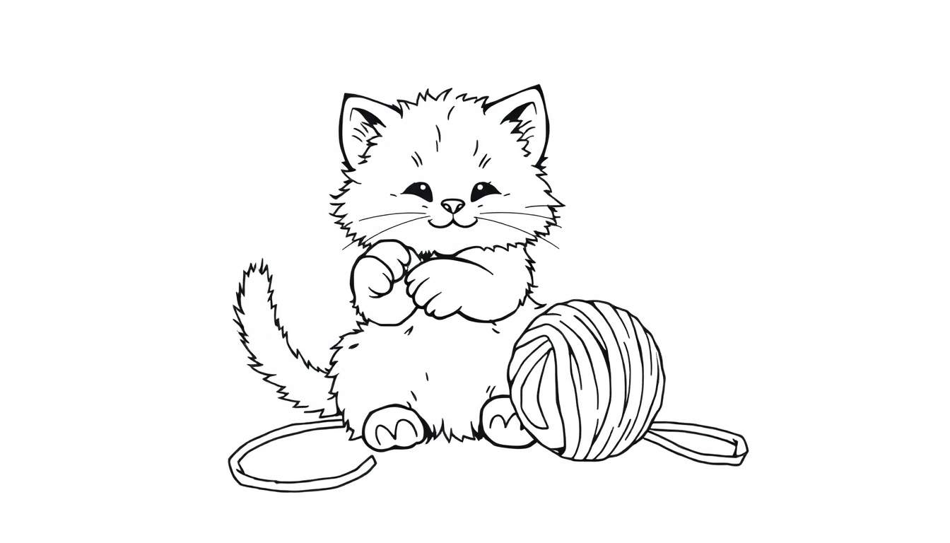 Placa de color de un gatito adorable jugando con un ovillo de lana.