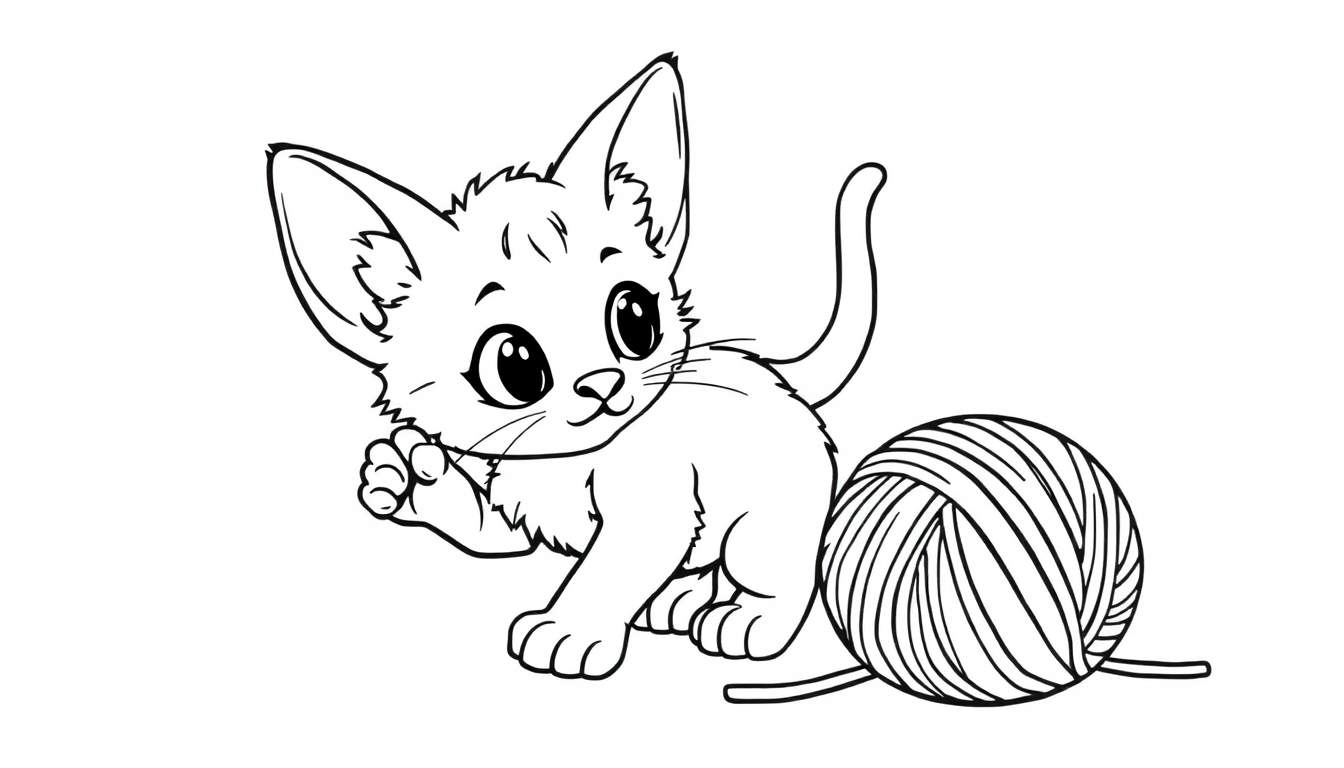 Una placa de color para colorear de un gatito jugando con lana.
