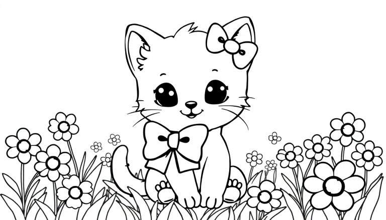 Placa de color de un lindo gatito kawaii con lazo rodeado de flores.