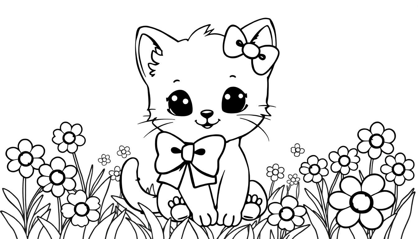 Placa de color de un lindo gatito kawaii con lazo rodeado de flores.