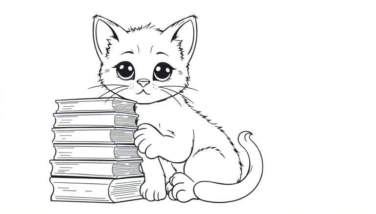 Placa de color de un gatito leyendo libros.