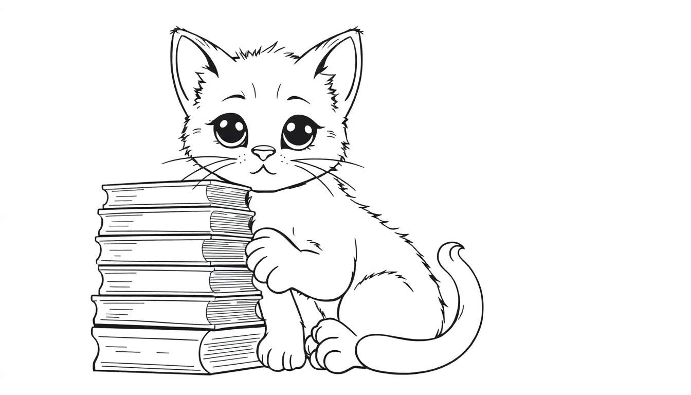Placa de color de un gatito leyendo libros.