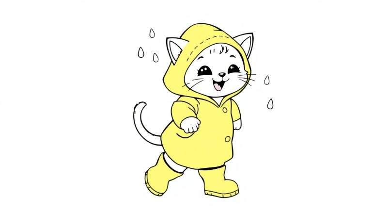 Placa de color: Gato de dibujos animados feliz con impermeable y botas amarillas.