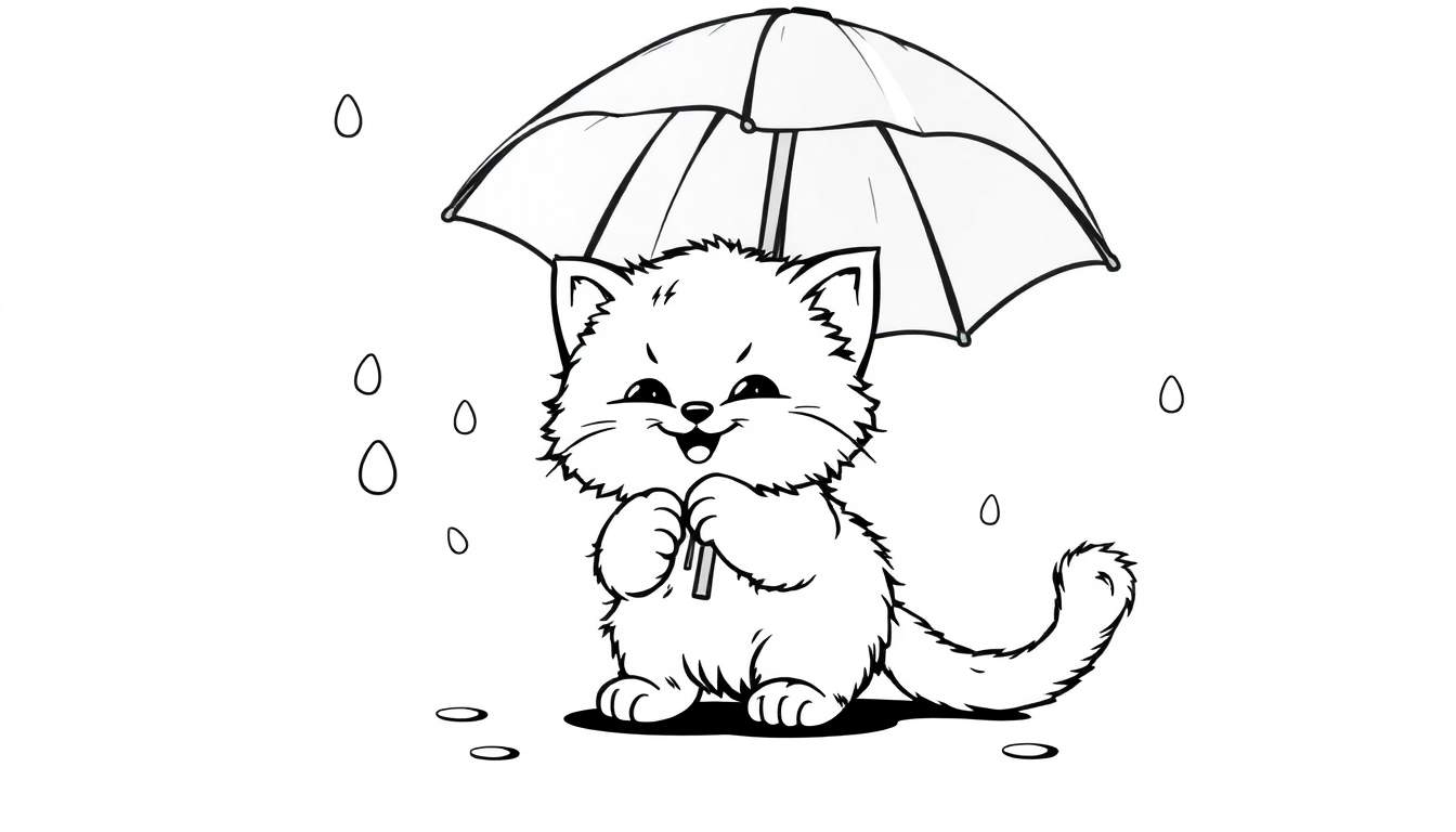 Placa de color: Gato feliz bajo la lluvia con un paraguas.