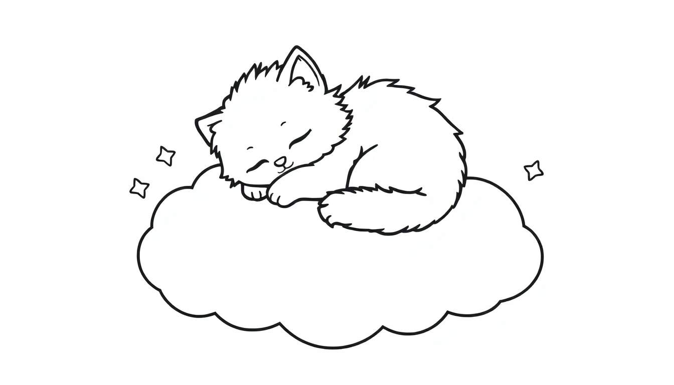 Placa de color de un gatito dormido en una nube.