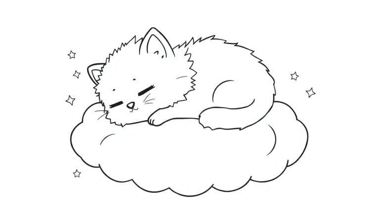 Placa de color de un gatito dormido en una nube.