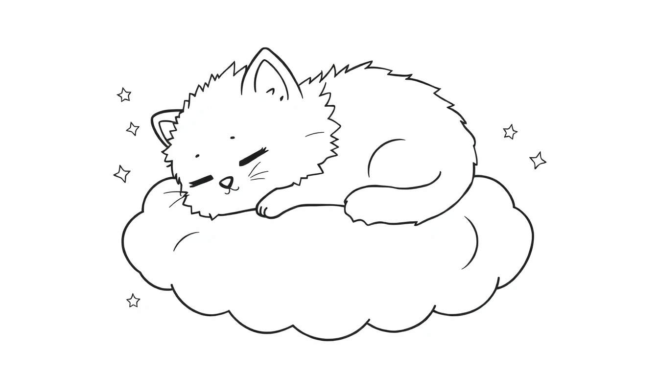 Placa de color de un gatito dormido en una nube.