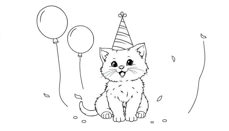 Una placa de color de un gatito feliz con un gorro de fiesta y globos, listo para colorear.