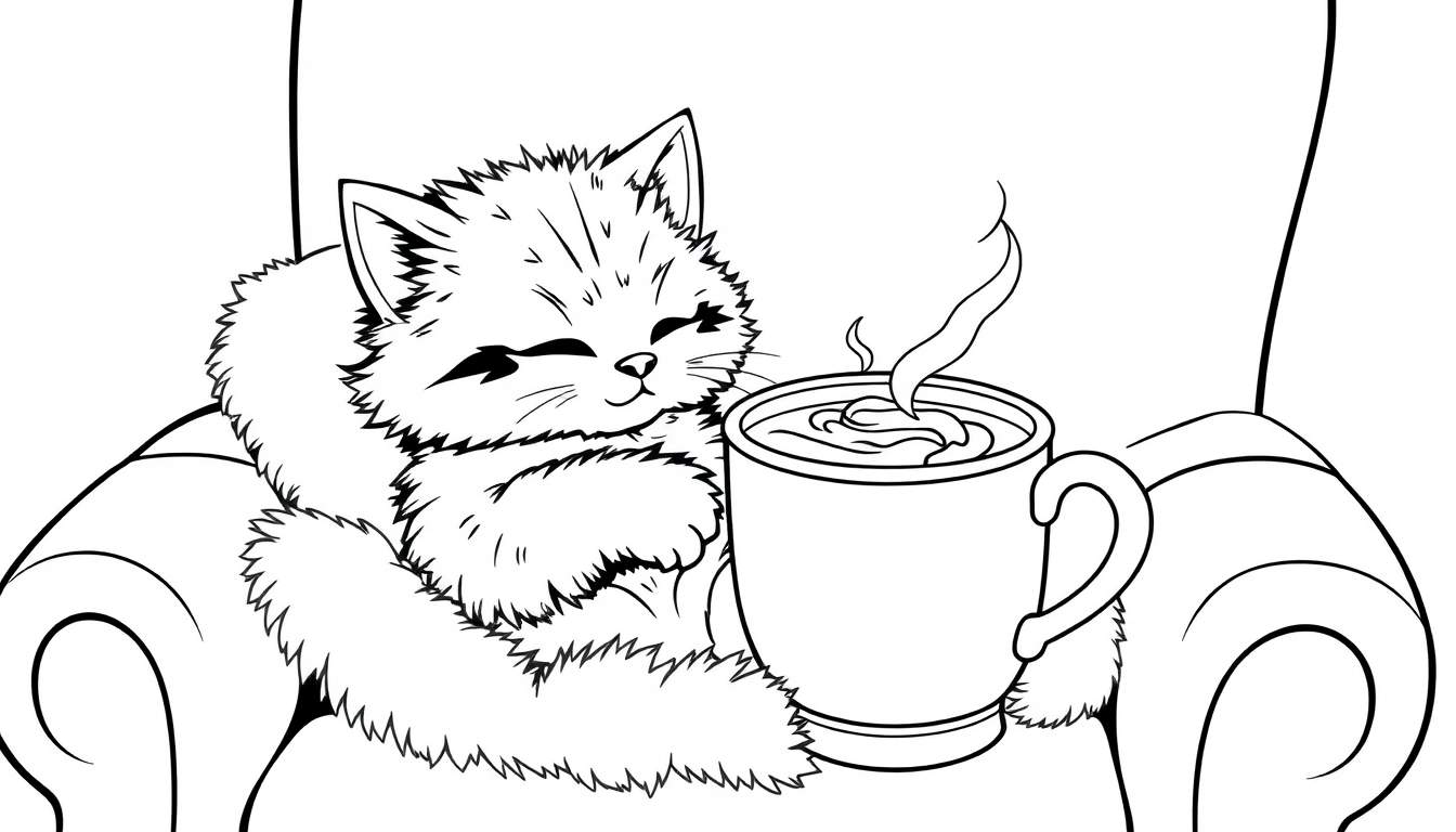 Un gatito dormido en una silla junto a una taza de café, listo para colorear en la placa de color.