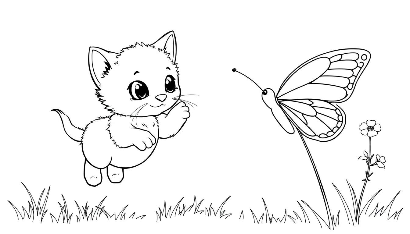 Gatito jugando con una mariposa en un prado, listo para colorear en esta placa de color.