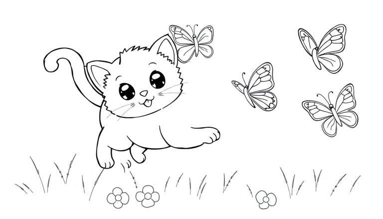 Placa de color en blanco y negro de un gatito persiguiendo mariposas.