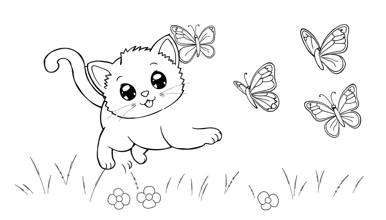 Placa de color en blanco y negro de un gatito persiguiendo mariposas.