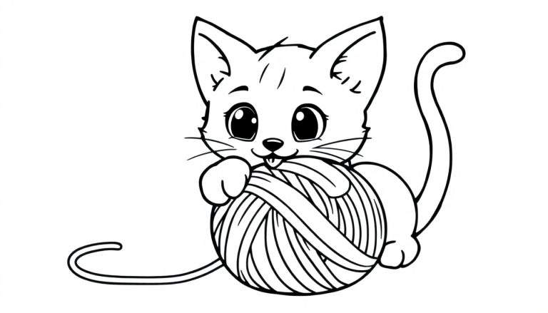 Placa de color de un gatito juguetón con un ovillo de lana.
