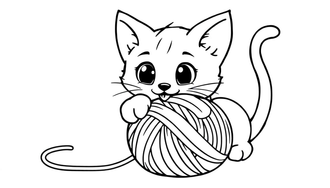 Placa de color de un gatito juguetón con un ovillo de lana.