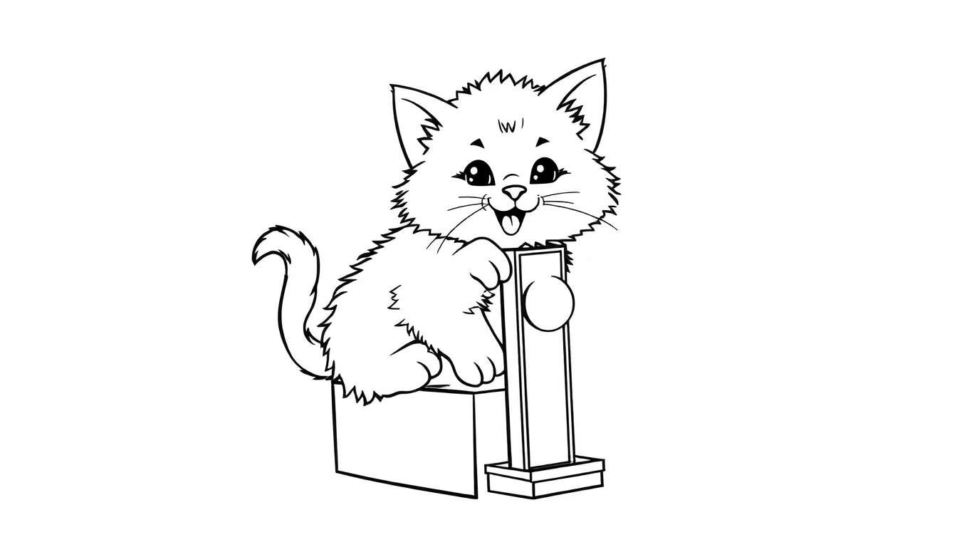 Un gatito jugando con un dispensador de PEZ de colores, listo para ser coloreado.