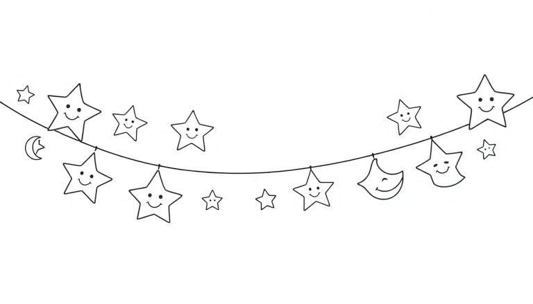Placa de color de una guirnalda de estrellas y lunas sonrientes.
